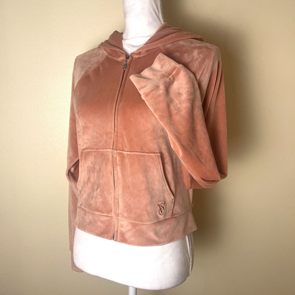 Victoria’s Secret Velour Zip Hoodie Pink Cropped Y2K Track Jacket Small 2000s
